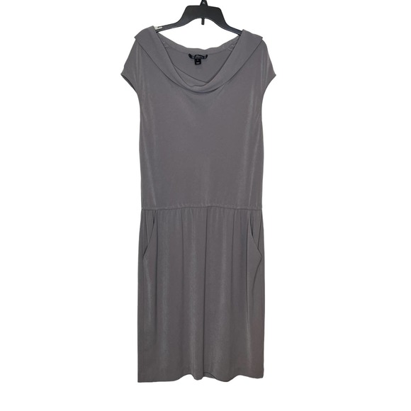 St.John Midi Sheath Dress Cowl Neck Women Size 12 Cap Sleeve Cinch Waist Gray - Picture 1 of 8